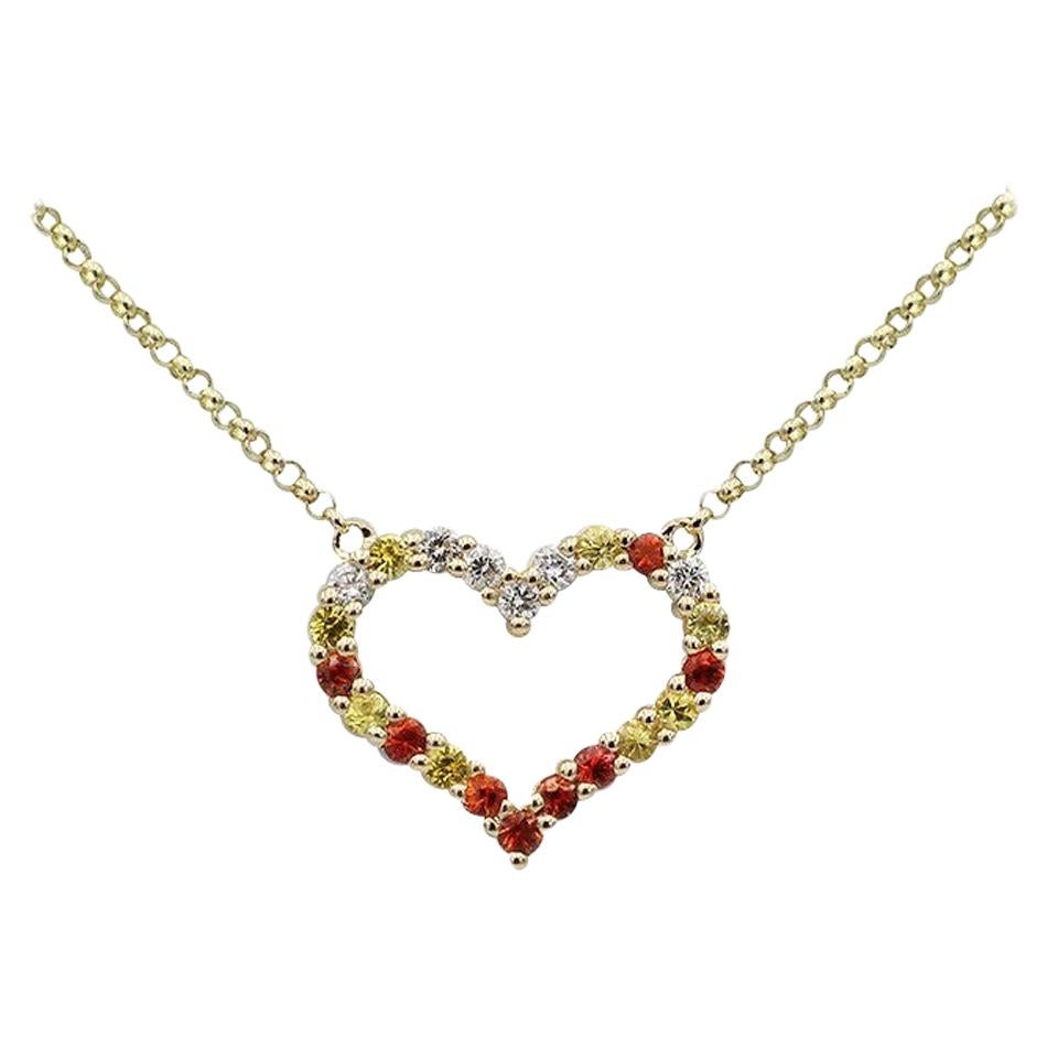 Romantic Yellow Orange Sapphire Diamond Yellow Gold Empty Heart Necklace For Sale