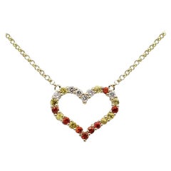 Romantic Yellow Orange Sapphire Diamond Yellow Gold Empty Heart Necklace