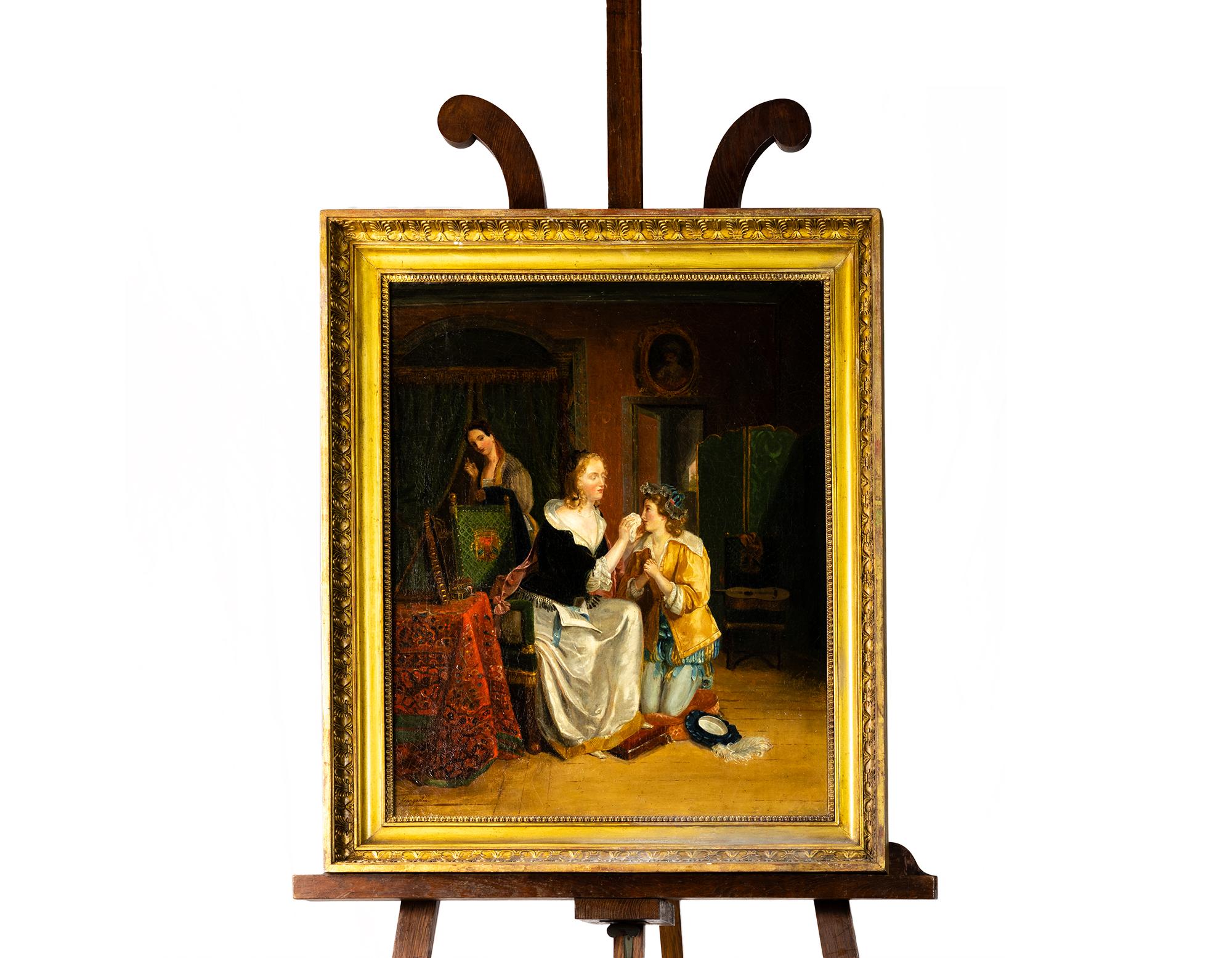 Ein Gemälde des Romantikers Jean-Augustin Franquelin mit einer Szene einer knienden, weinenden Tochter und einer die Tränen abwischenden Mutter, signiertes Gemälde, ein bedeutender Maler der École des Beaux-Arts de Paris. 

Leinwand mit craquelet,