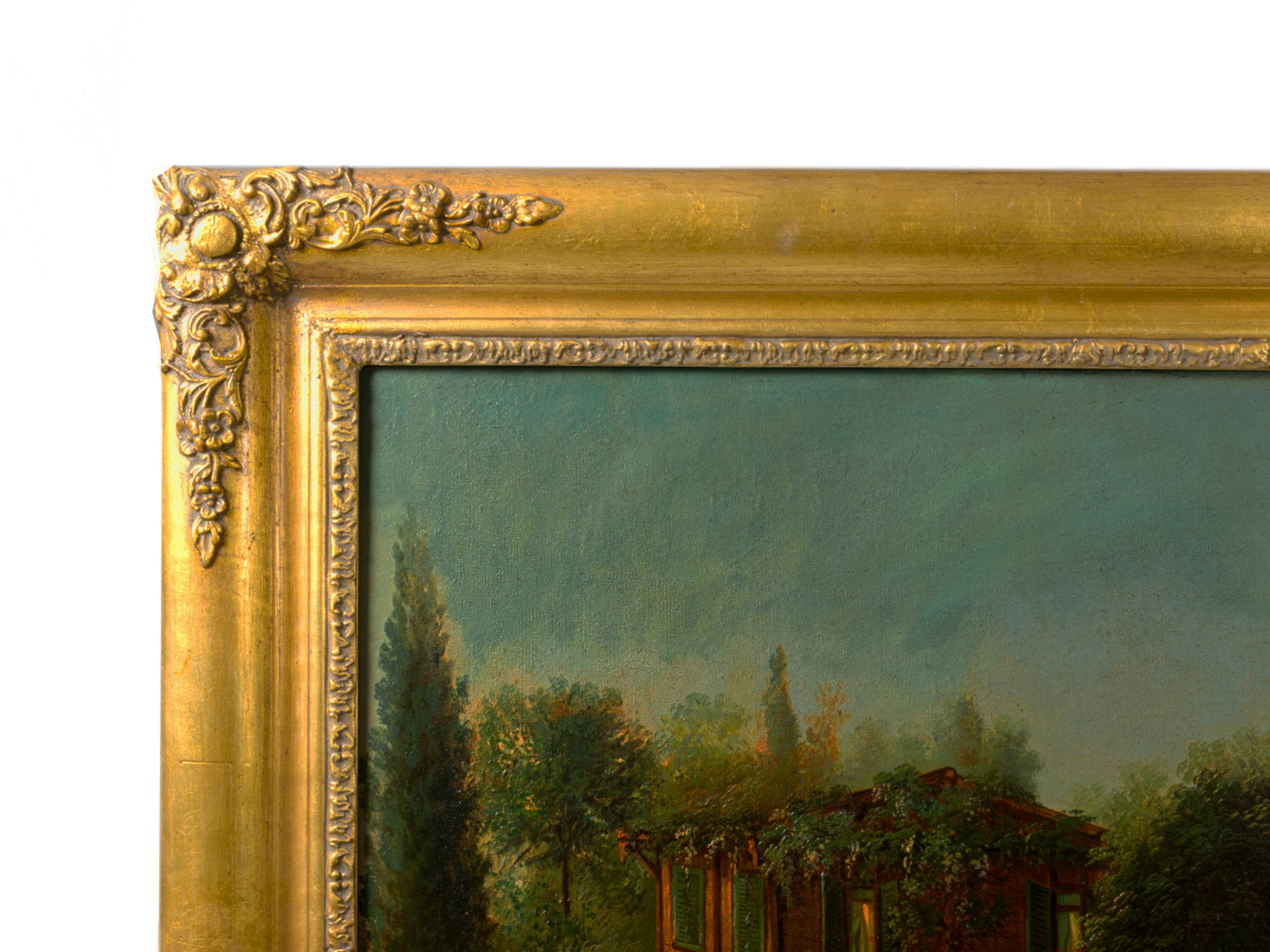 French Romanticism Painting Of Garden House And Trees, France, 19th Century For Sale