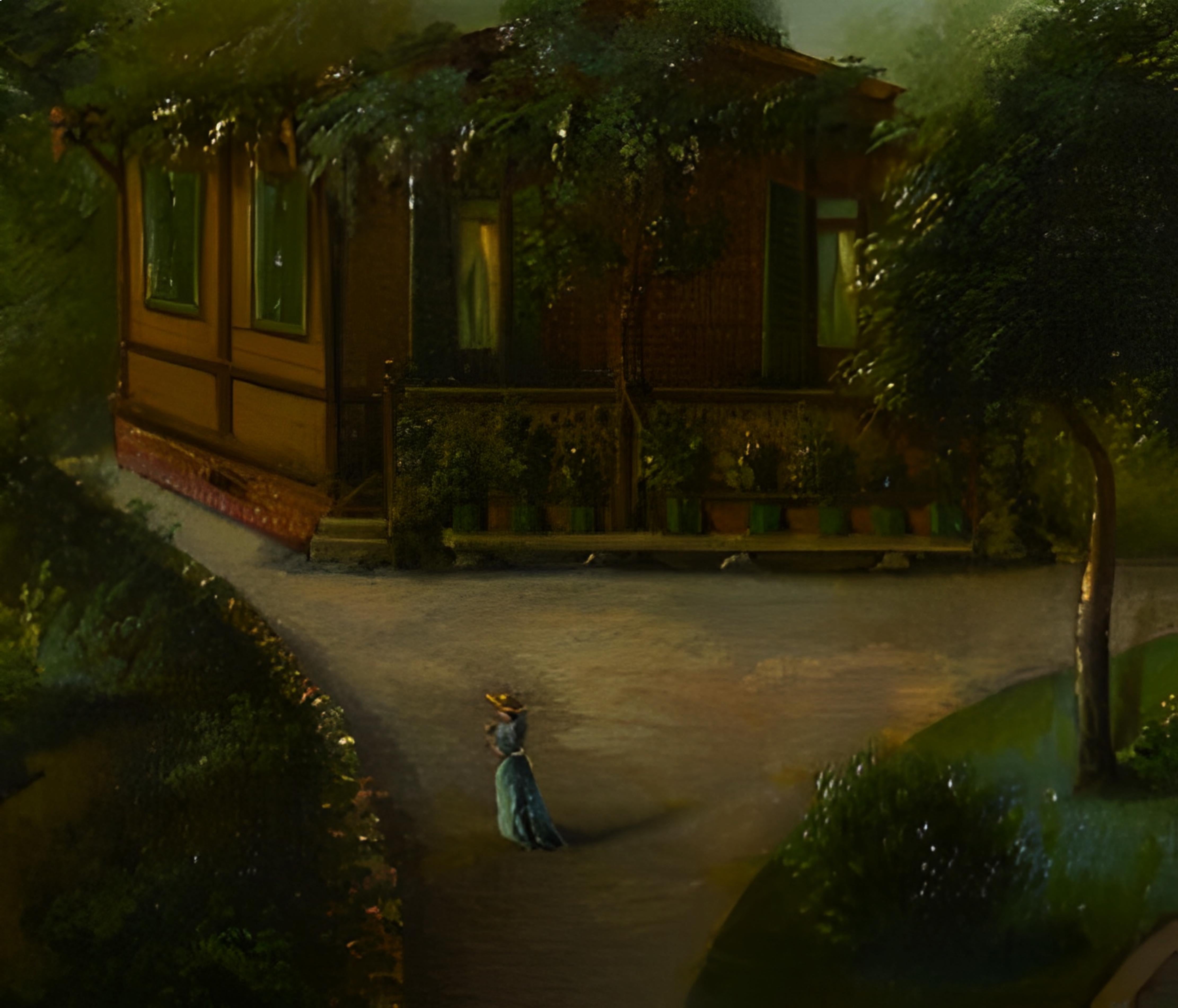 Romantik-Gemälde eines Gartenhauses und von Bäumen, Frankreich, 19. Jahrhundert (Geölt) im Angebot