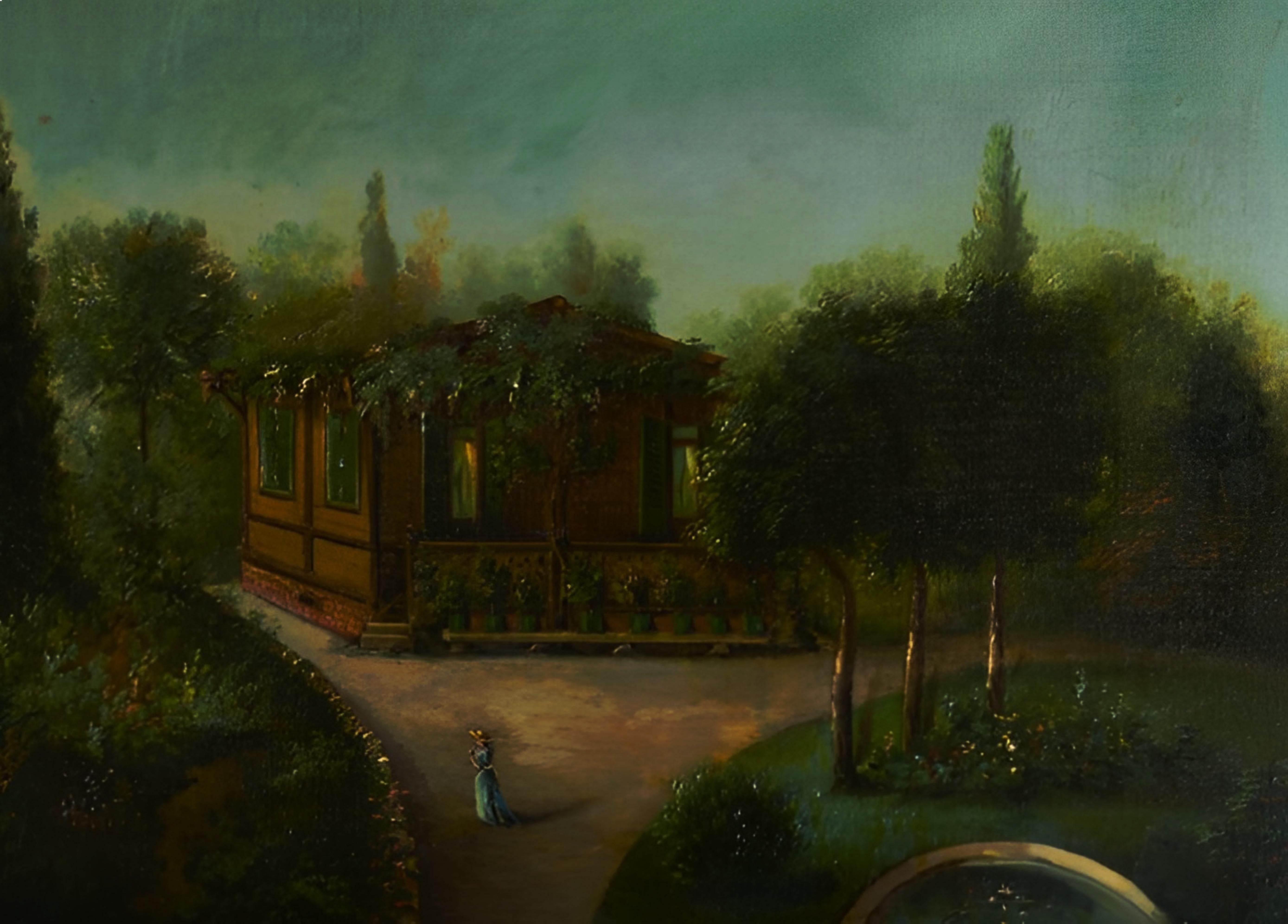 Français Peinture romantique d'une maison de jardin et d'arbres, France, 19ème siècle en vente