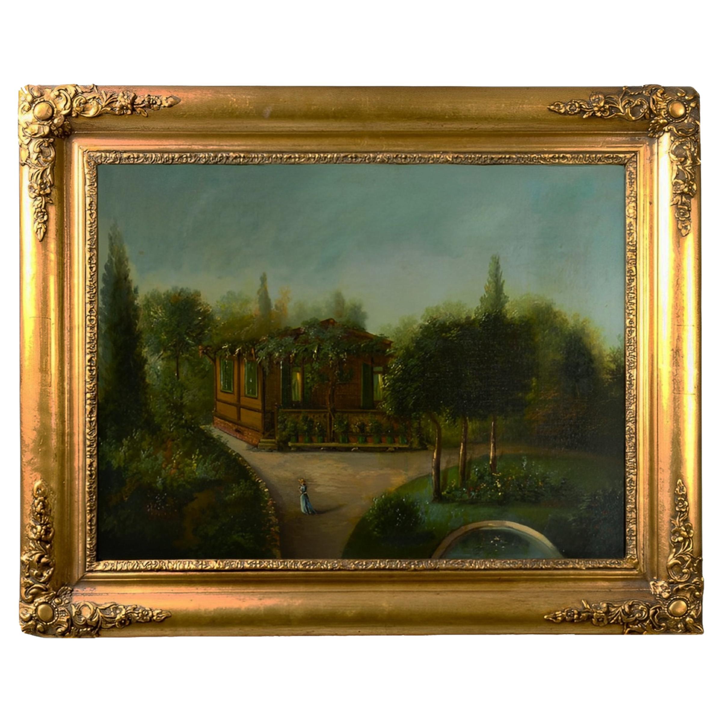 Romantik-Gemälde eines Gartenhauses und von Bäumen, Frankreich, 19. Jahrhundert im Angebot