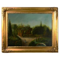 Antique Romanticism Painting Of Garden House And Trees, France, 19th Century