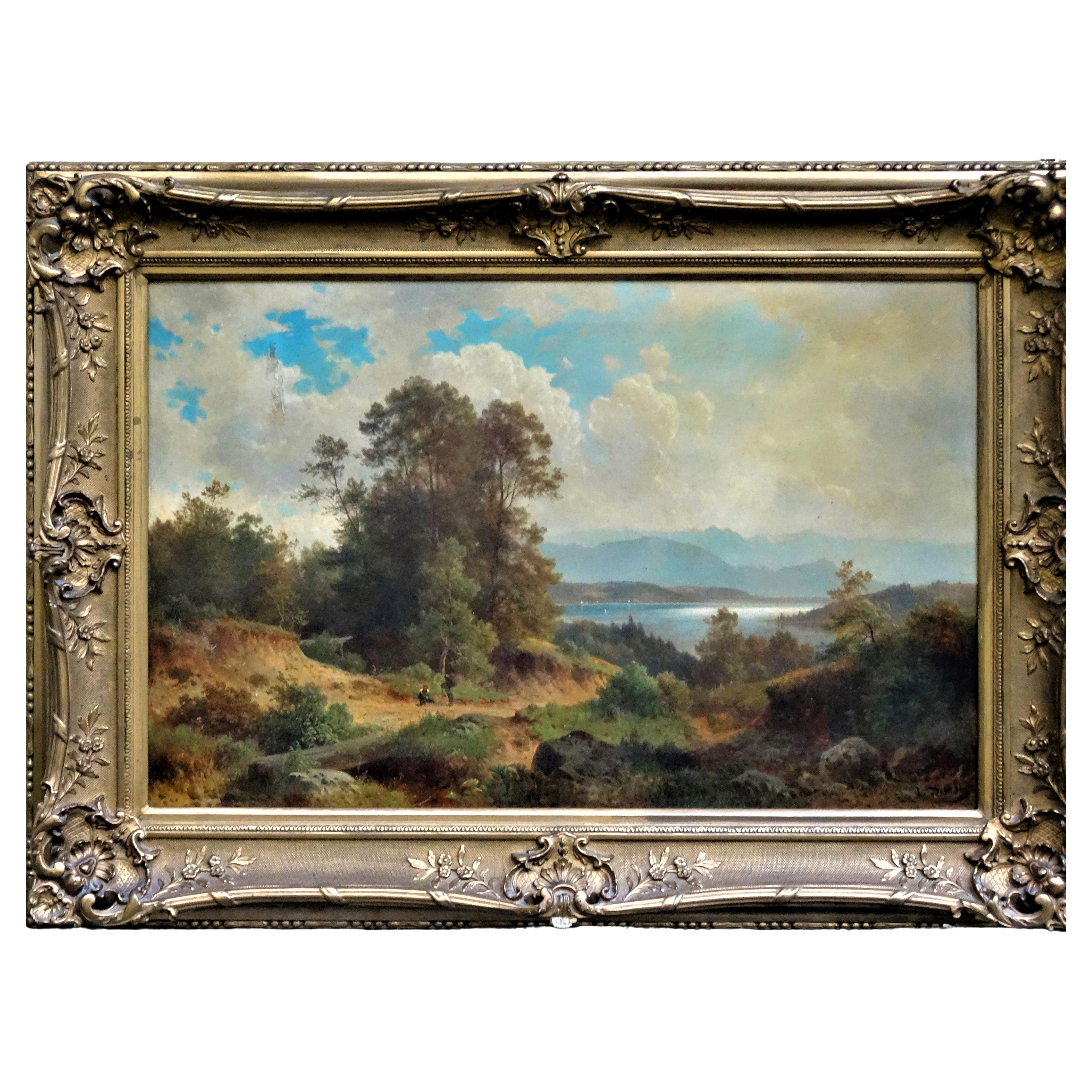 Großes Ölgemälde 1850 "Romantische Landschaft am See", signiert, im Prunkrahmen im Angebot