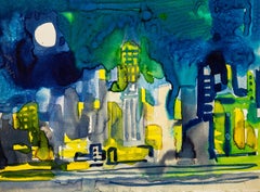 Romare Bearden Peinture originale à l'aquarelle d'un paysage urbain