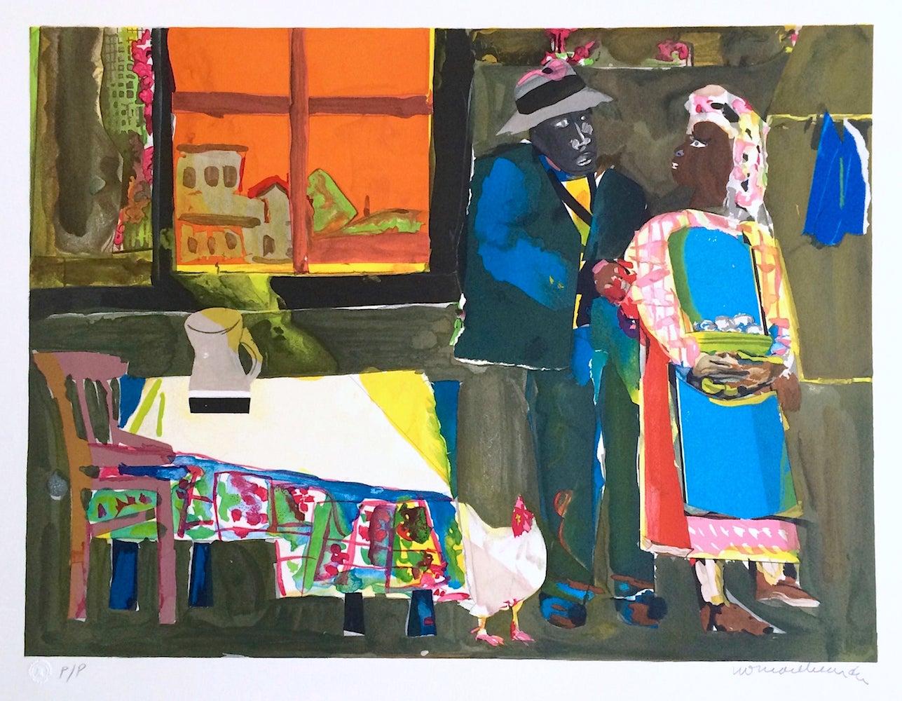 Romare Bearden Figurative Print - AUTUMN OF THE ROOSTER Signed Lithograph, Black Couple, African American Culture 