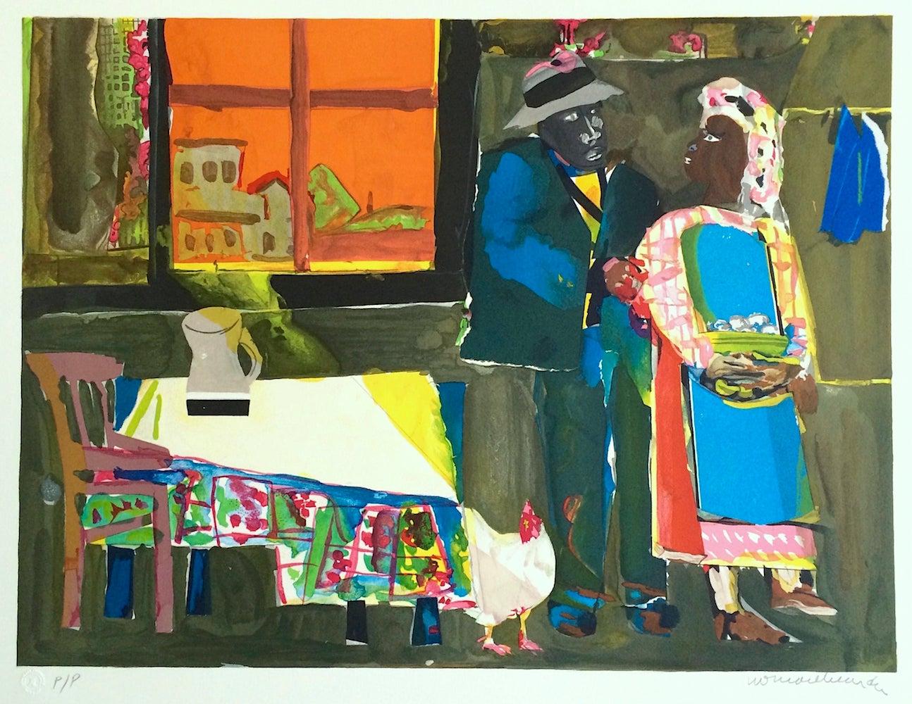 Romare Bearden Figurative Print - AUTUMN OF THE ROOSTER Signed Lithograph, Collage, African American Culture