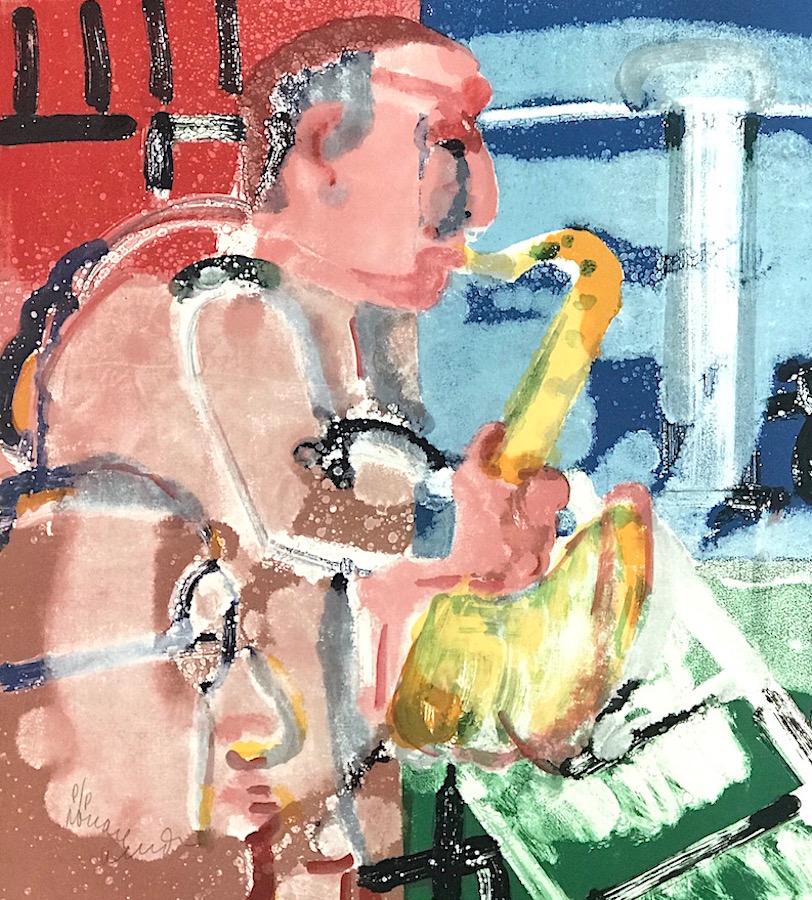 BOPPING AT BIRDLAND (STOMP TIME) Litografía firmada, Retrato abstracto de Jazz, Saxo - Print Contemporáneo de Romare Bearden
