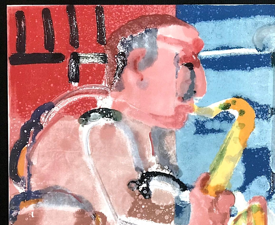 BOPPING AT BIRDLAND (STOMP TIME) Litografia firmata, Ritratto Jazz astratto, Sax - Print Contemporaneo di Romare Bearden