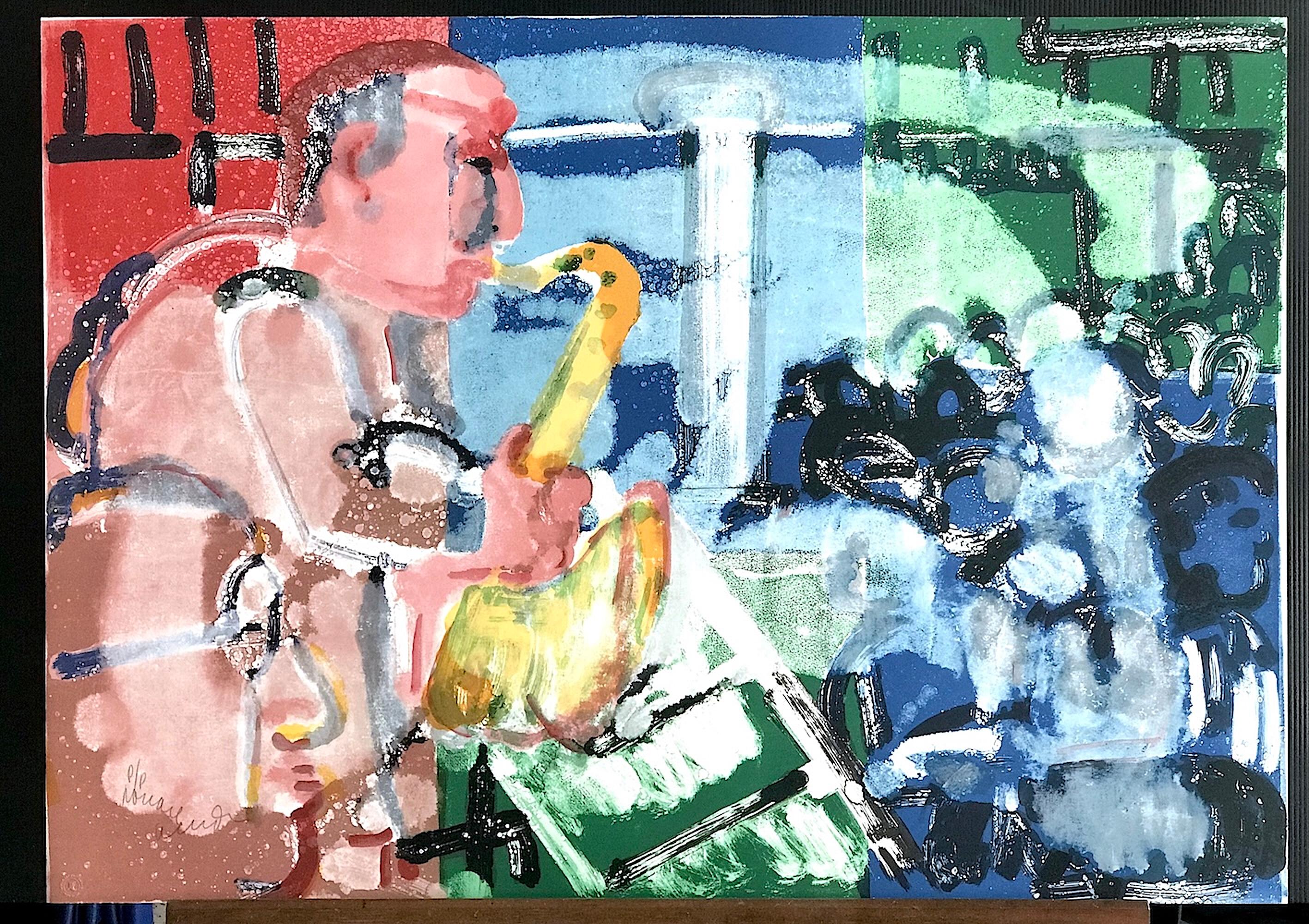 BOPPING AT BIRDLAND (STOMP TIME) Litografía firmada, Retrato abstracto de Jazz, Saxo en venta 3