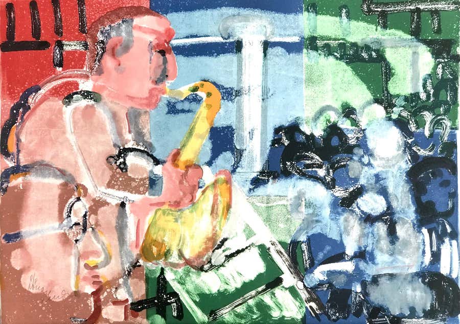 BOPPING AT BIRDLAND (STOMP TIME) Signed Lithograph, Abstract Jazz Portrait, Sax