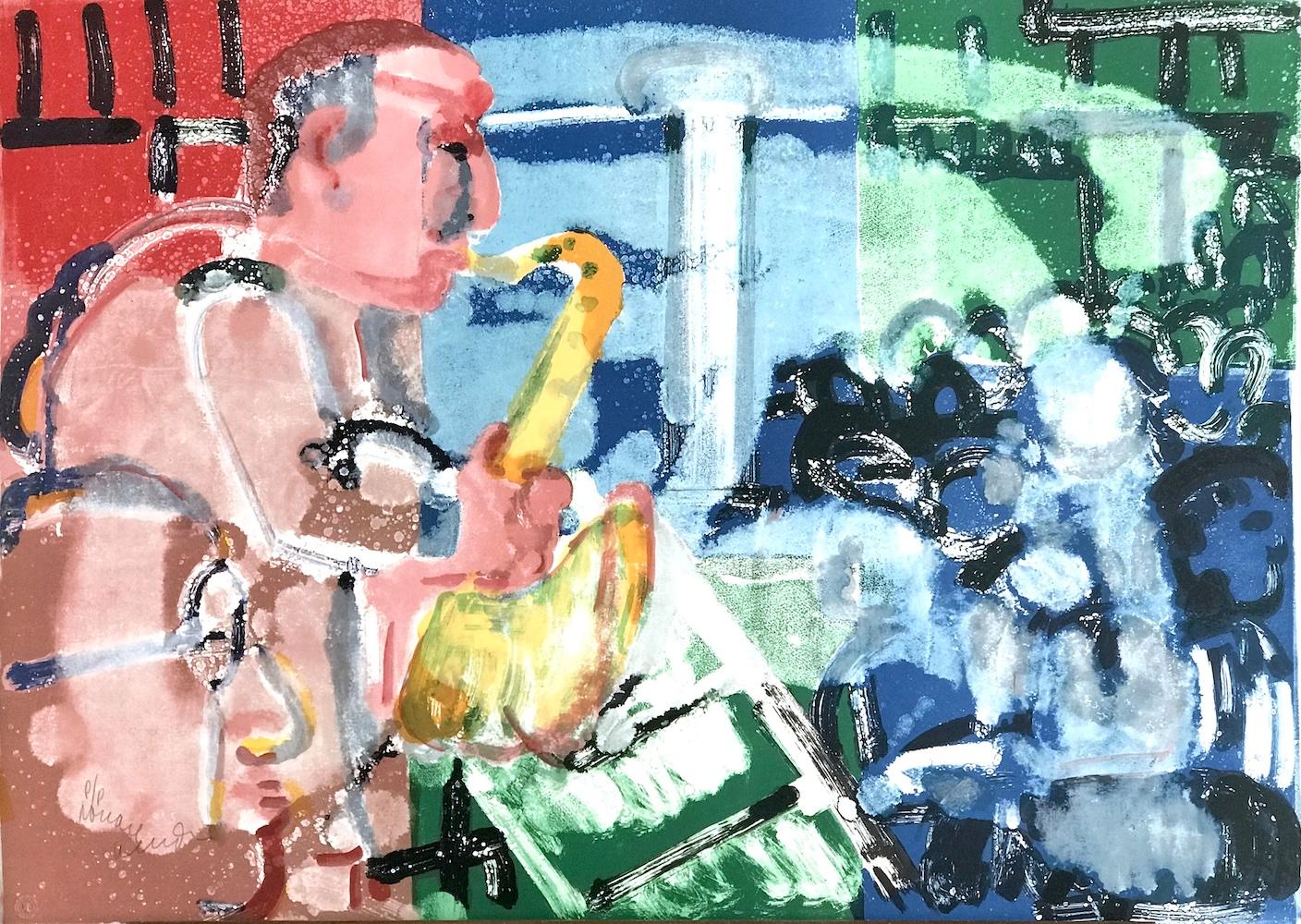 Figurative Print di Romare Bearden - BOPPING AT BIRDLAND (STOMP TIME) Litografia firmata, Ritratto Jazz astratto, Sax