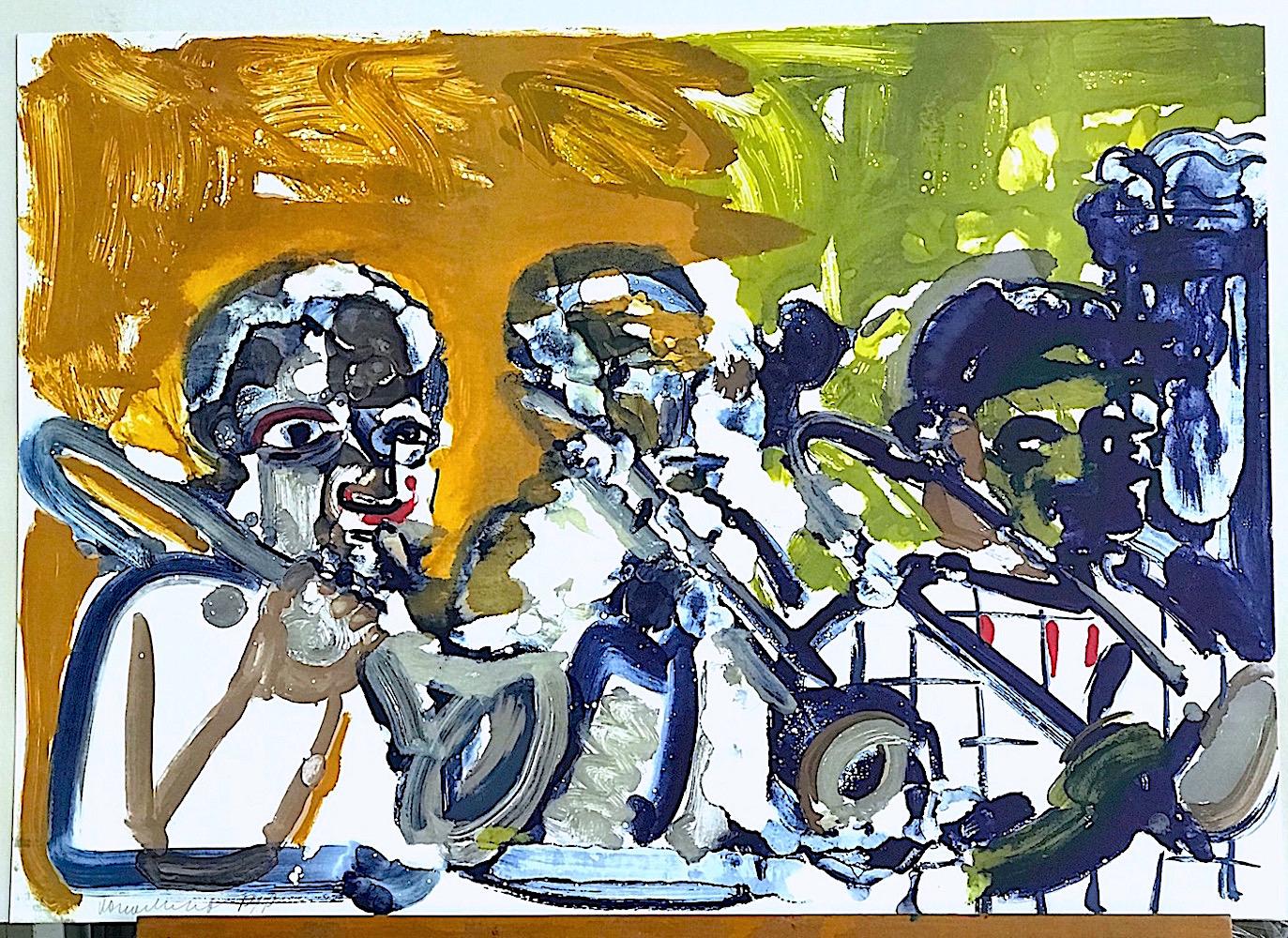 BRASS SECTION  Signed Lithograph, Abstract Jazz Horn Trio, Gold, Green, Navy - Contemporary Print by Romare Bearden