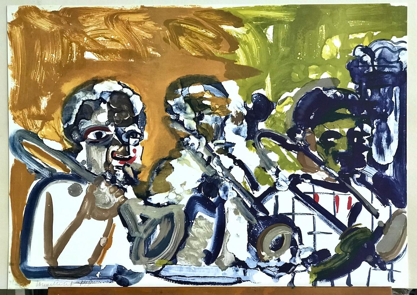 BRASS SECTION(Jamming at Minton's) Litografia firmata, ritratto astratto di jazz in vendita 3