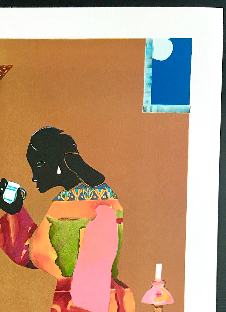 ESTRELLA QUE CAE es una litografía en color de edición limitada impresa con métodos tradicionales de litografía a mano sobre papel de impresión de archivo, 100% libre de ácido, del célebre artista afroamericano Romare Bearden. FALLING STAR presenta