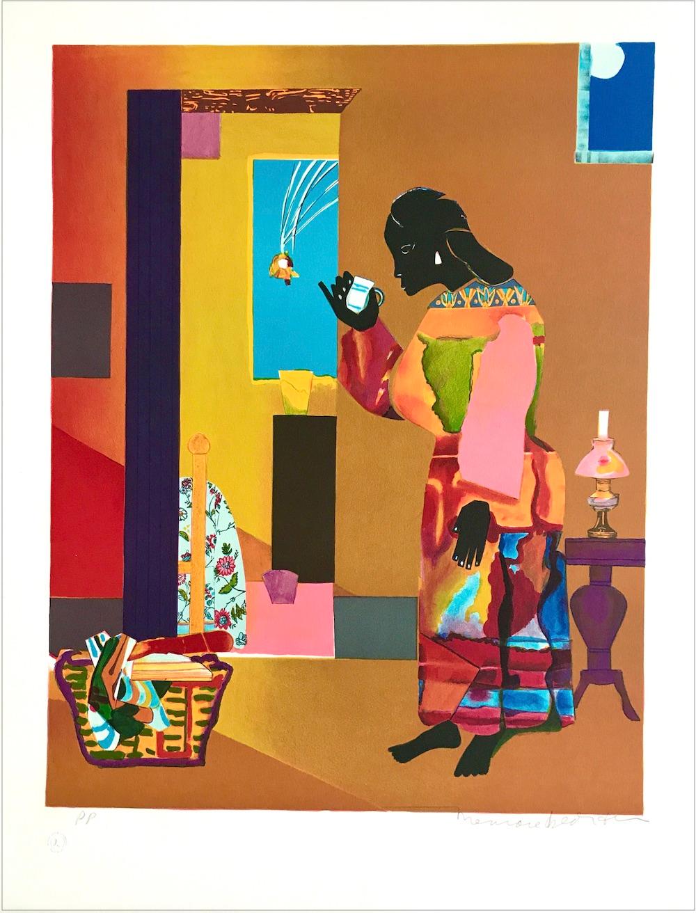 Romare Bearden Interior Print - FALLING STAR Signed Lithograph Black Woman Portrait, African American Culture