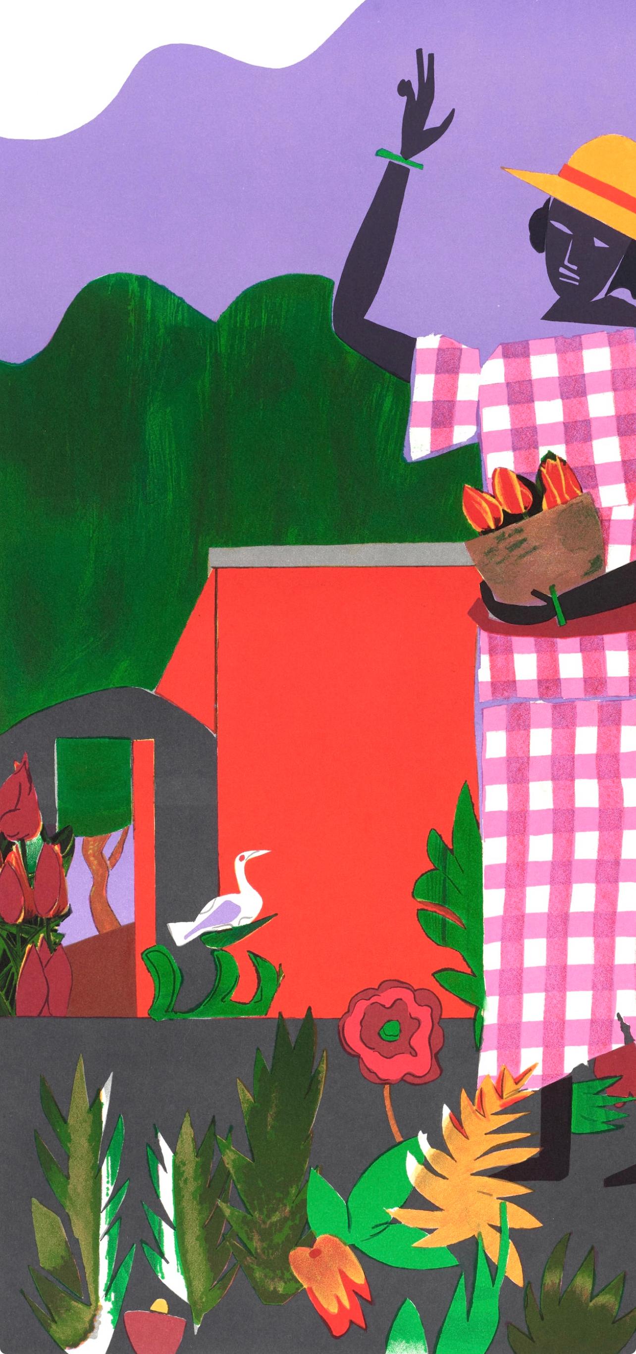 La fille dans le jardin (Gelburd/Rosenberg 62) - Violet Figurative Print par Romare Bearden