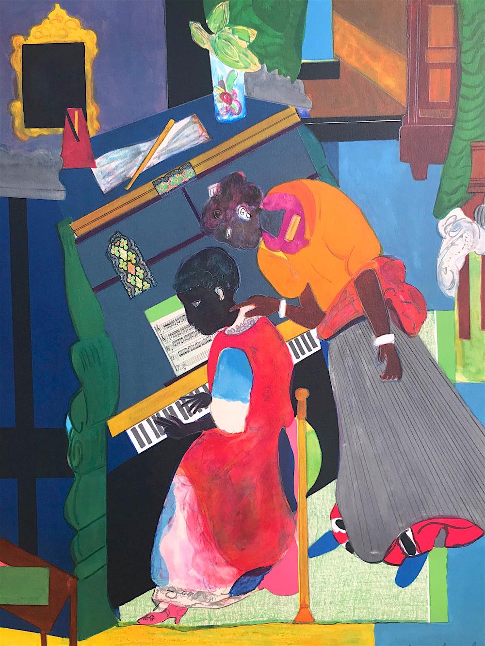 Homage To Mary Lou(The Piano Lesson) Signed Lithograph, Black Heritage, Music - Print by Romare Bearden
