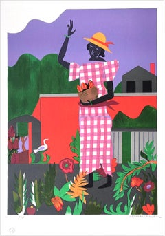 IN THE GARDEN Signed Lithograph 1979, Black Woman, Contemporary Collage Portrait