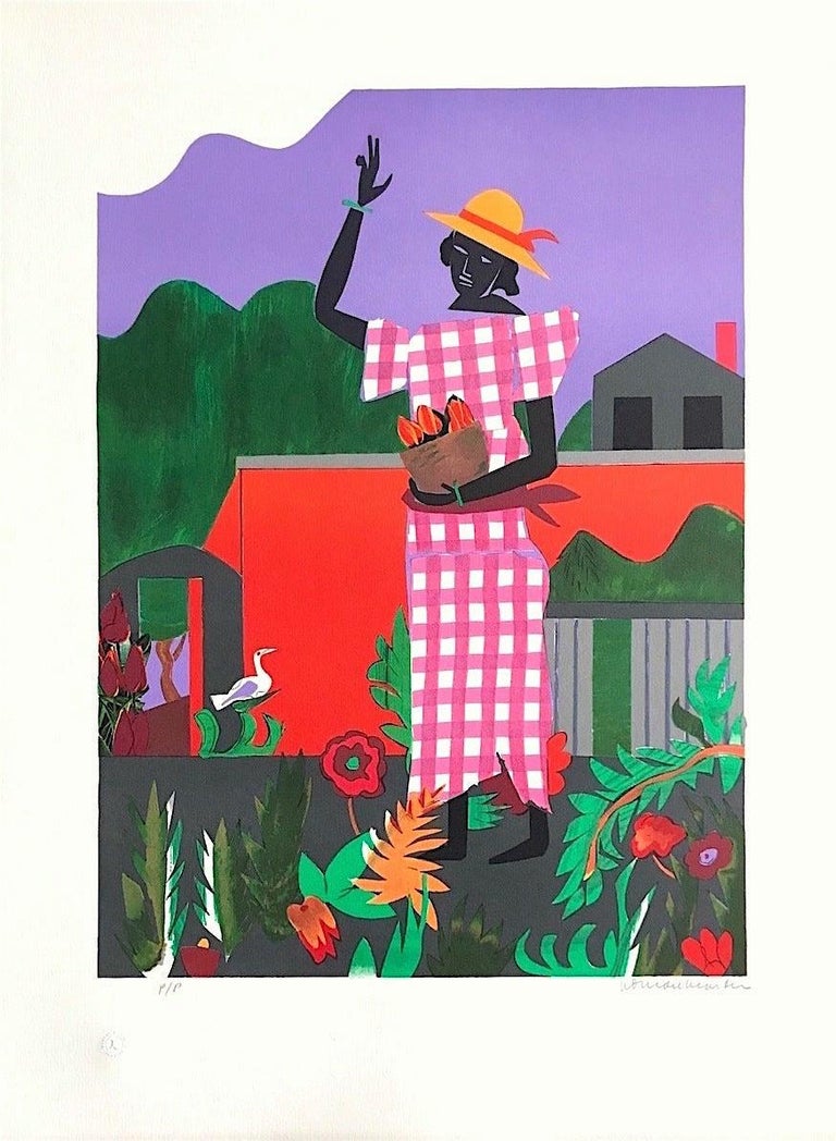 Romare Bearden In The Garden Signed Lithograph Collage Portrait Black Woman Waving White Bird For Sale At 1stdibs