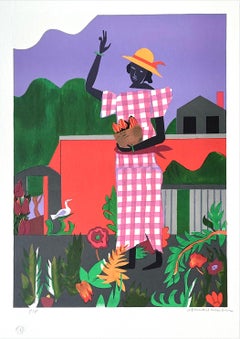 IN THE GARDEN Signed Lithograph 1979, Black Woman, Contemporary Collage Portrait