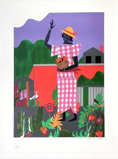 IN THE GARDEN Signed Lithograph 1979, Black Woman, Contemporary Collage Portrait