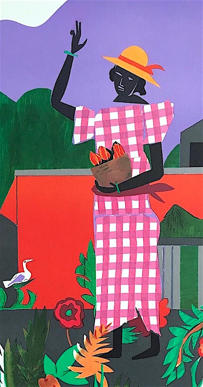 IN THE GARDEN Signed Lithograph, Black Woman Pink Gingham Dress Collage Portrait - Print by Romare Bearden