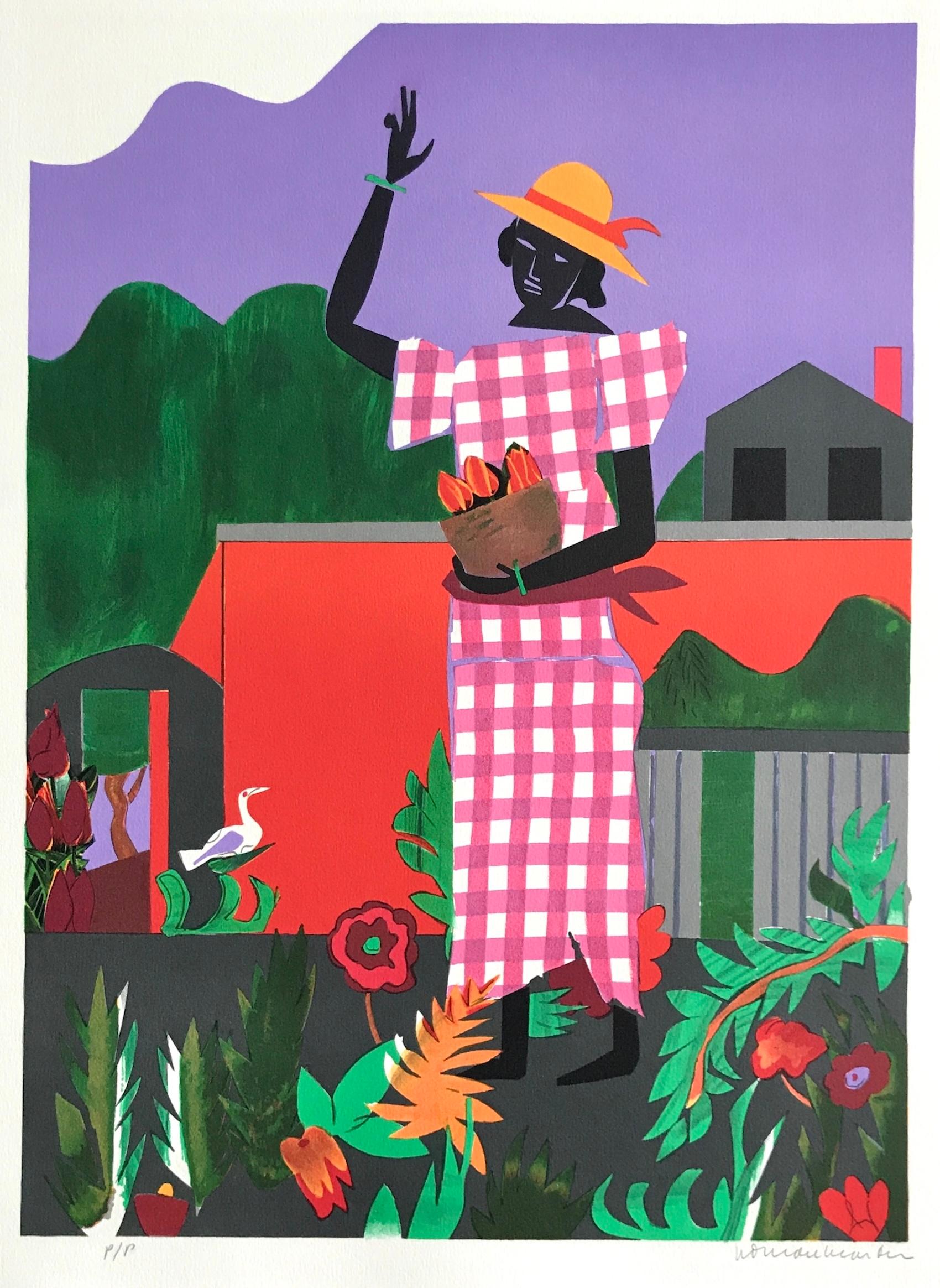 IN THE GARDEN Lithographie signée, Femme noire Robe vichy rose Collage Portrait - Print de Romare Bearden