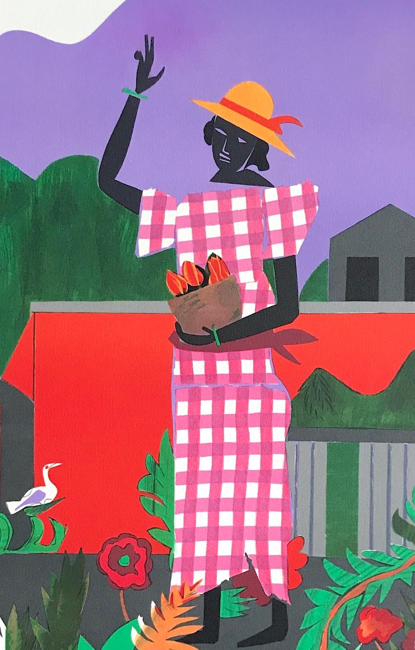 IN THE GARDEN Litografia firmata, ritratto a collage di una donna nera con abito in percalle rosa - Print Contemporaneo di Romare Bearden