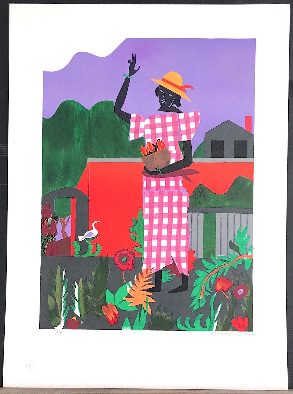 IN THE GARDEN Signed Lithograph, Black Woman Pink Gingham Dress Collage Portrait - Contemporary Print by Romare Bearden