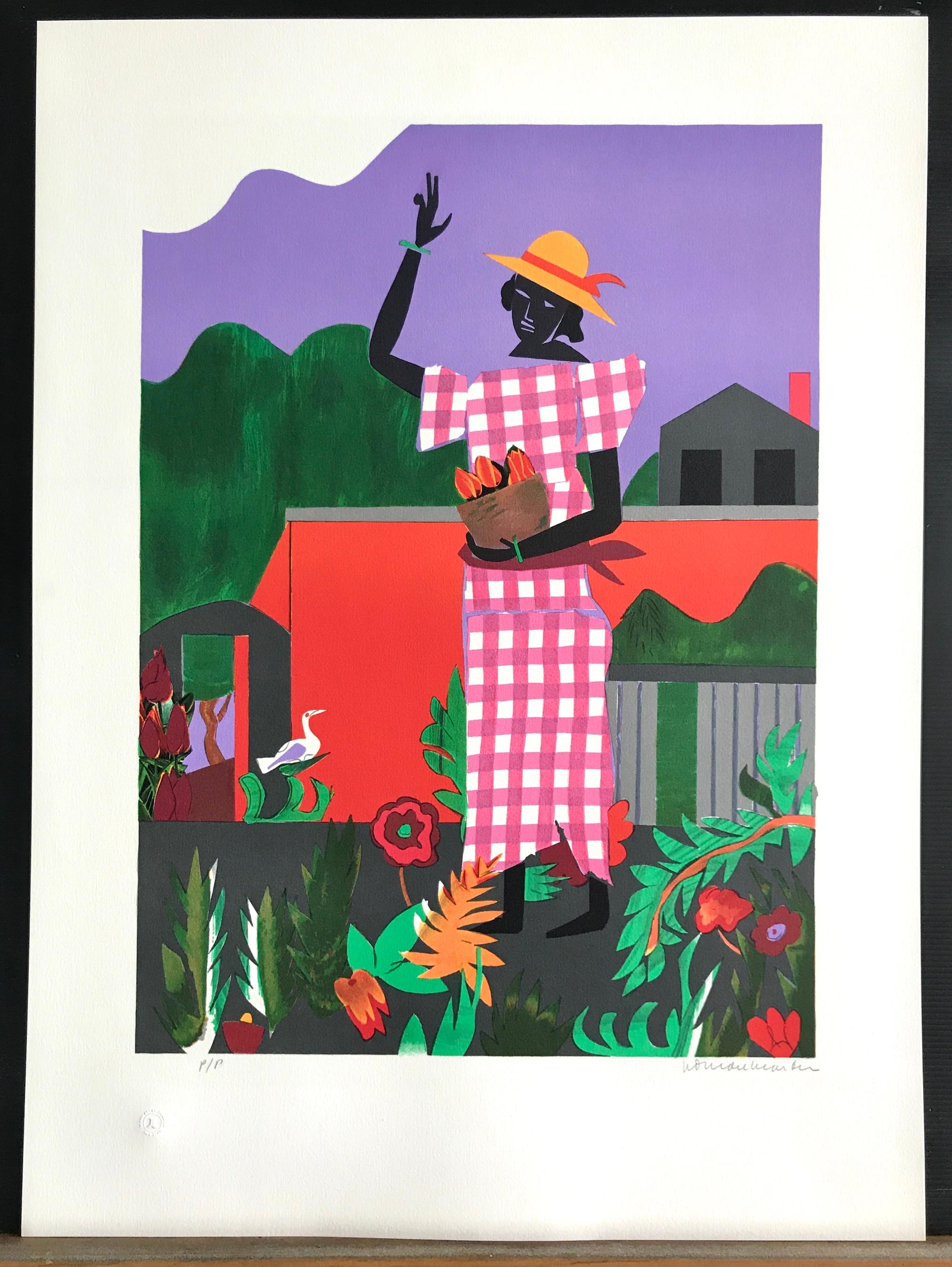 IN THE GARDEN Lithographie signée, Femme noire Robe vichy rose Collage Portrait en vente 3