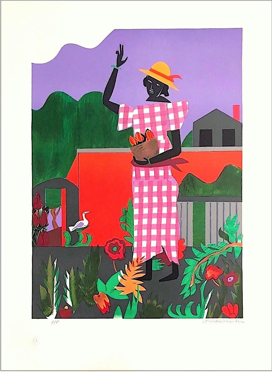 Romare Bearden Landscape Print - IN THE GARDEN Signed Lithograph, Black Woman Pink Gingham Dress Collage Portrait