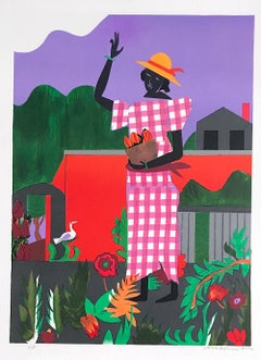 IN THE GARDEN Signed Lithograph, Black Woman Pink Gingham Dress Collage Portrait
