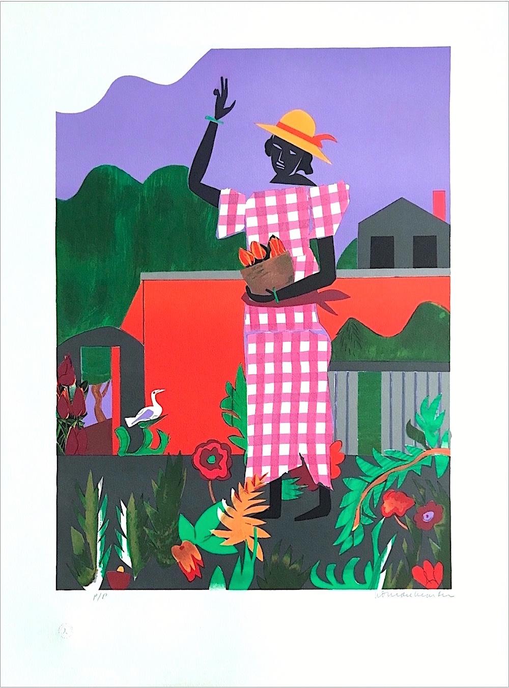 IN THE GARDEN Signed Lithograph, Collage Portrait Black Woman Pink Gingham Dress