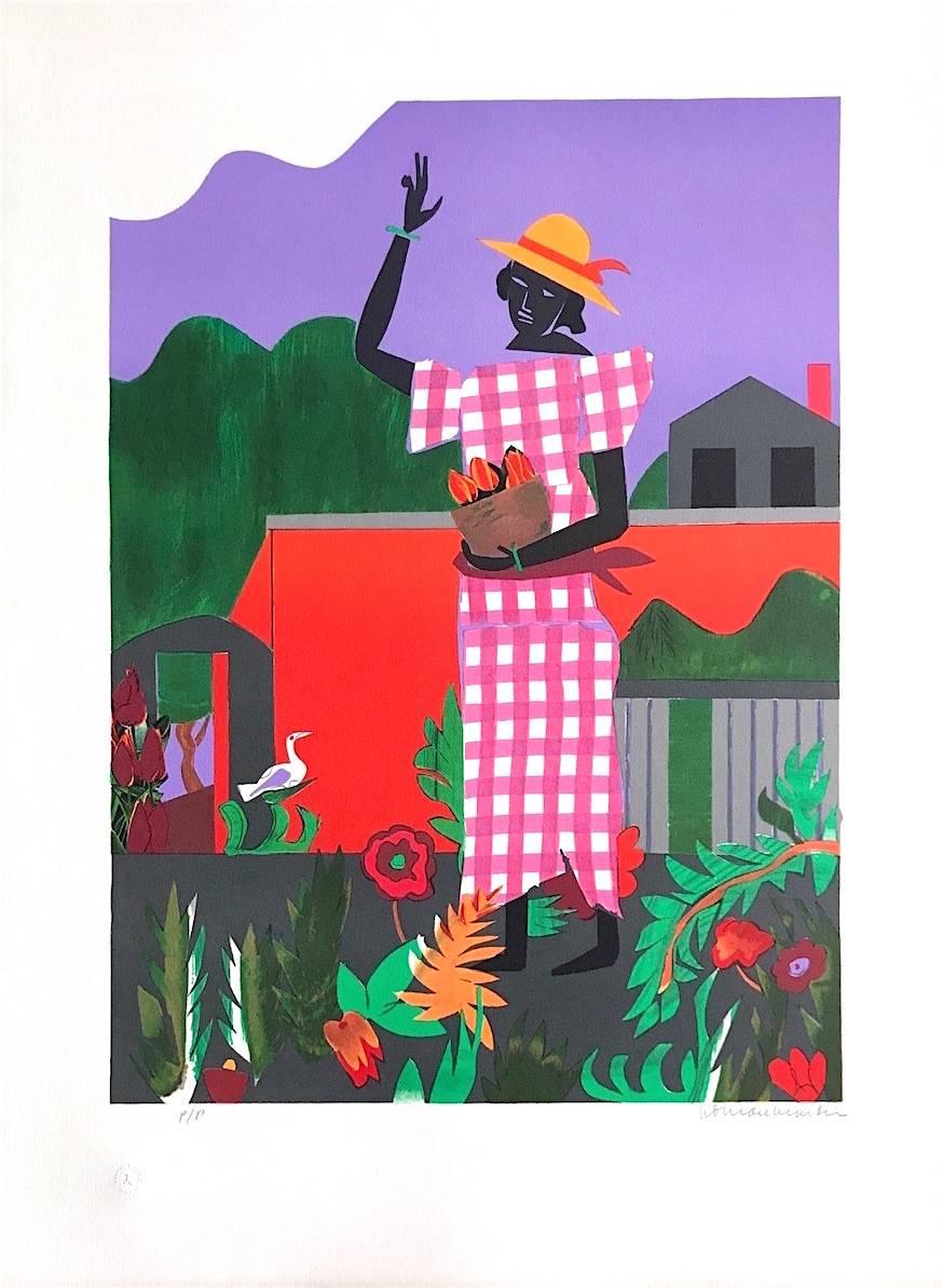 IN THE GARDEN Signed Lithograph, Black Female Portrait, African American Culture - Print by Romare Bearden
