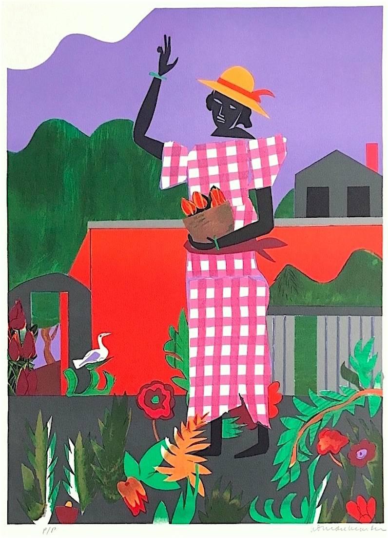 Romare Bearden Print - IN THE GARDEN Signed Lithograph, Black Female Portrait, African American Culture