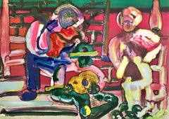 Signierte Lithographie von LOUISIANA SERENADE, zwei Männer beim Gitarrenspiel, Frau auf Veranda