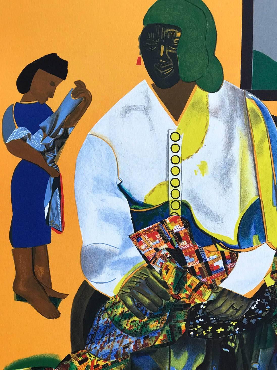 Limited edition color lithograph printed using traditional hand lithography methods on archival Arches printmaking paper, 100% acid free, in an edition size of 175 by the renowned African American artist Romare Bearden. Almost florescent yellow