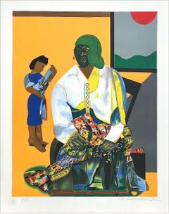 Vintage MECKLENBURG AUTUMN Signed Lithograph, Black Women Portrait, African Mask, Quilt