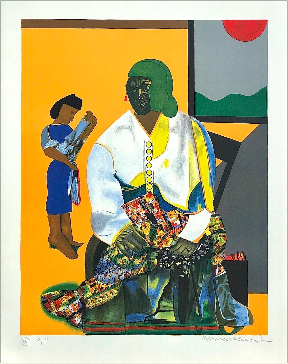 Romare Bearden Portrait Print – MECKLENBURG AUTUMN Signierte Lithographie, Porträt schwarzer Frauen, afrikanische Maske, Steppdecke