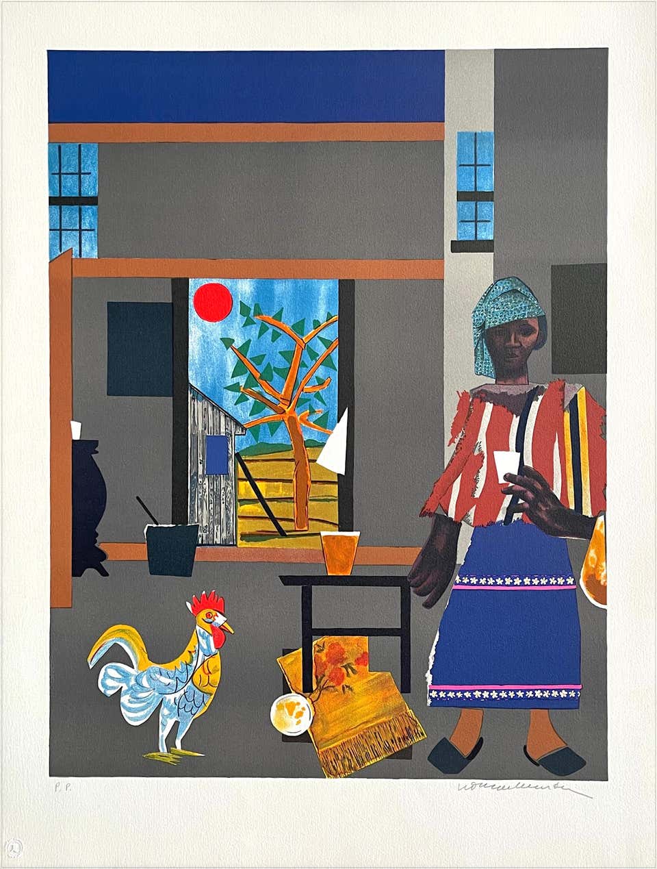 Morning of the Rooster Signed Lithograph, Black Woman Portrait, 1980s