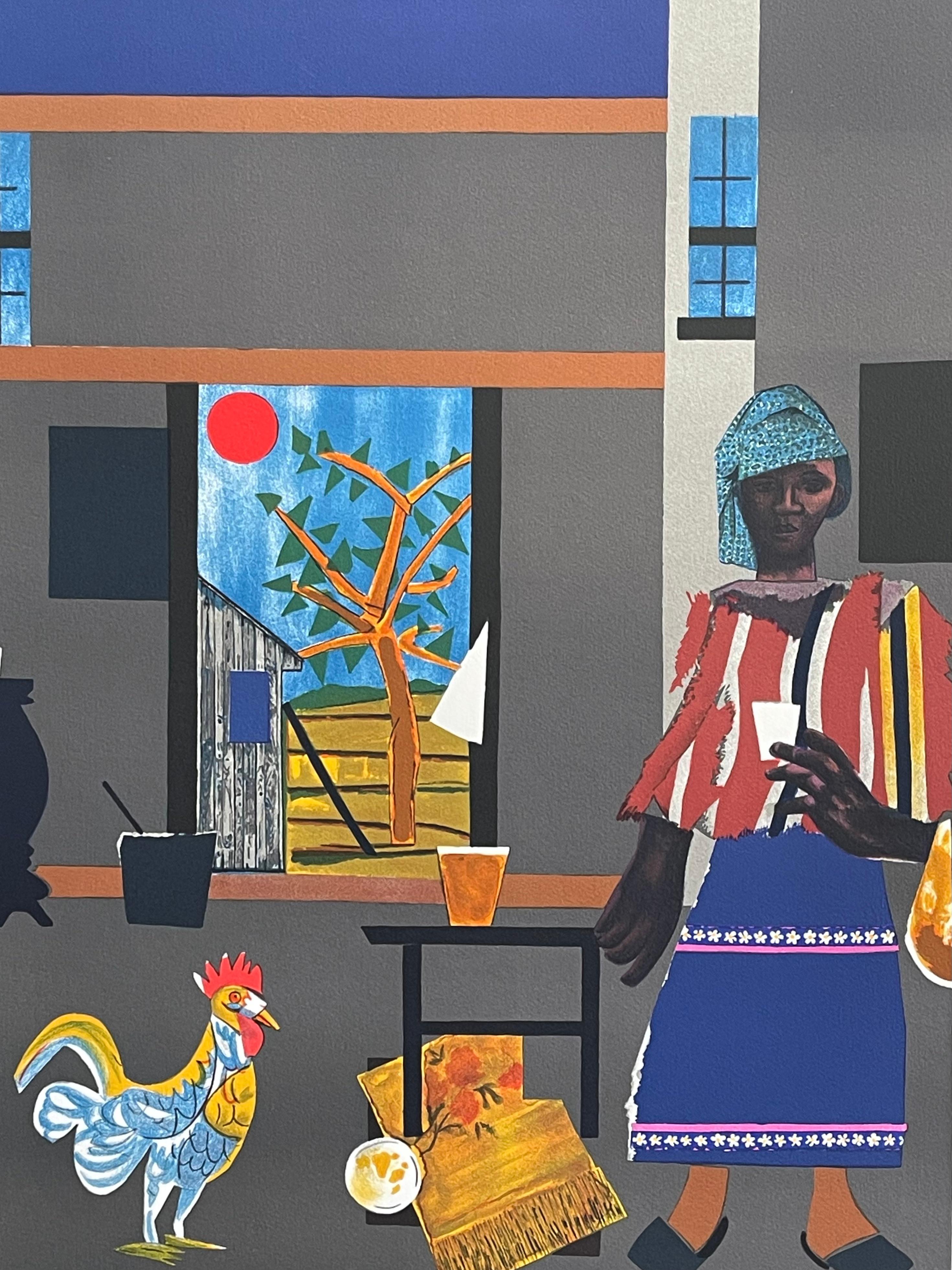 MORNING OF THE ROOSTER Litografia firmata Ritratto di donna nera, afroamericana - Print di Romare Bearden