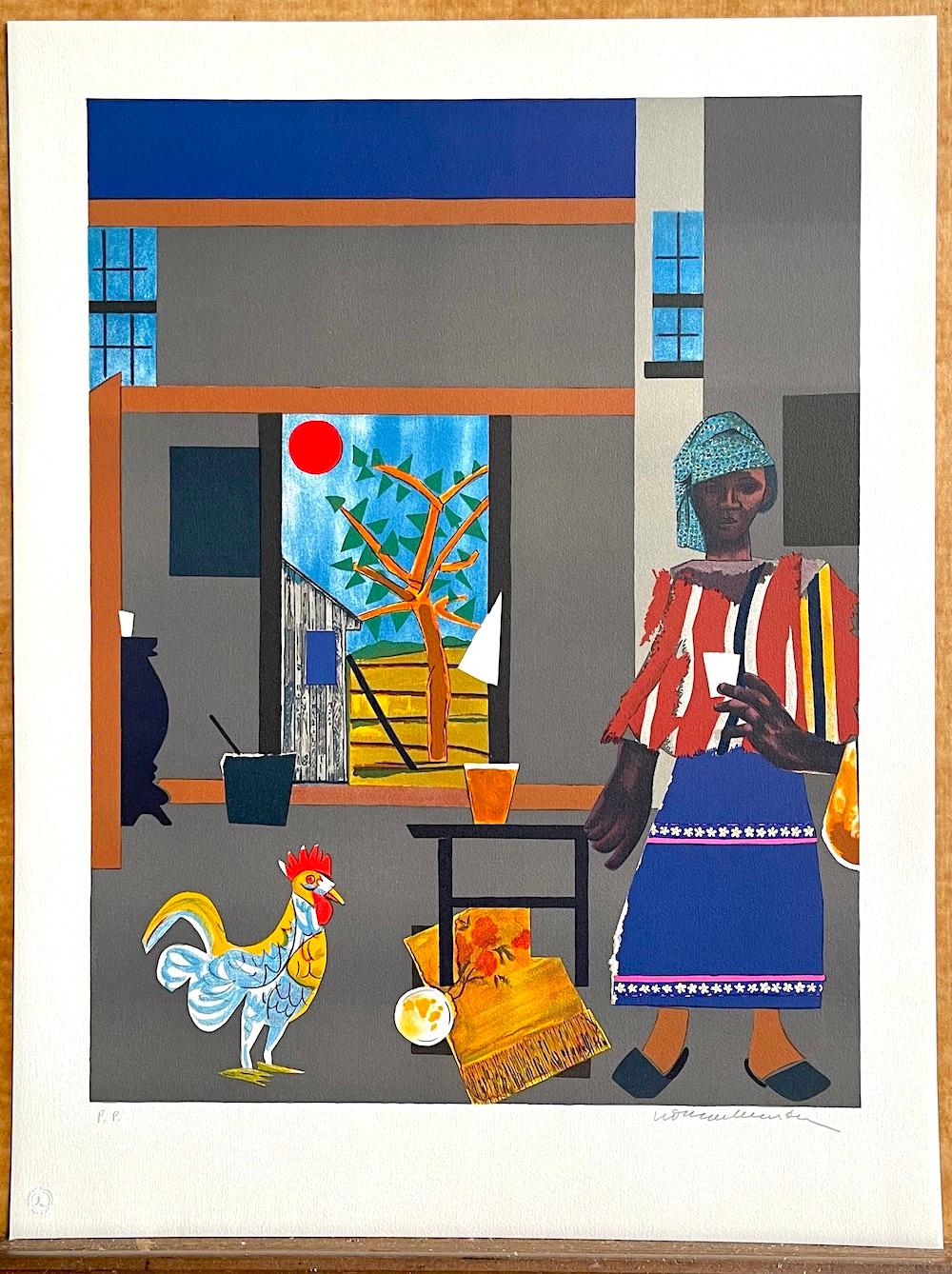 MORNING OF THE ROOSTER Signed Lithograph Black Woman Portrait, African American - Contemporary Print by Romare Bearden