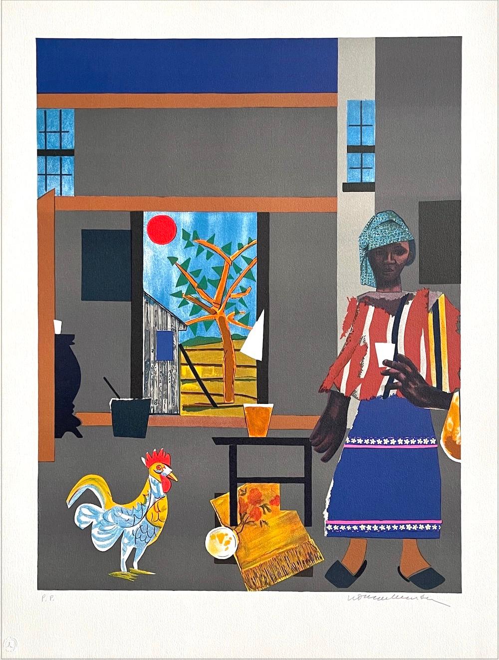 Romare Bearden Interior Print - MORNING OF THE ROOSTER Signed Lithograph Black Woman Portrait, African American