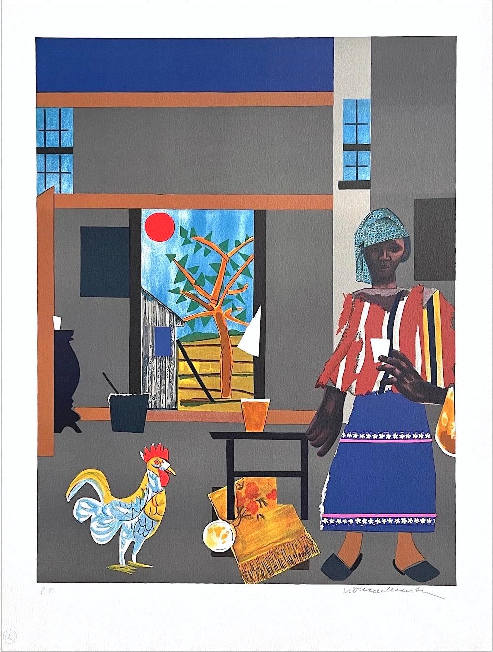 Interior Print di Romare Bearden - MORNING OF THE ROOSTER Litografia firmata Ritratto di donna nera, afroamericana