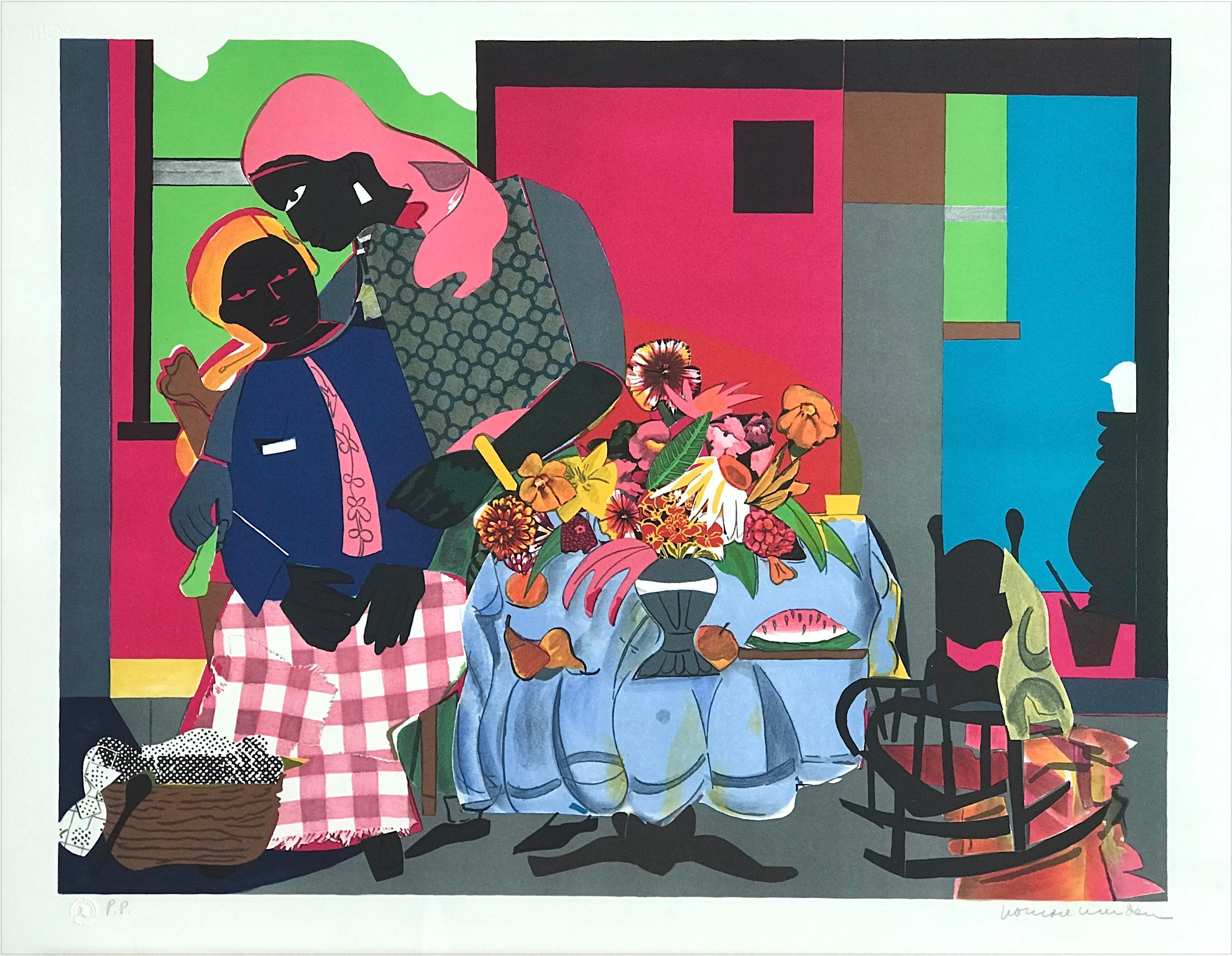Lithographie signéemorning, scène d'intérieur, femmes noires, culture africaine américaine - Print de Romare Bearden