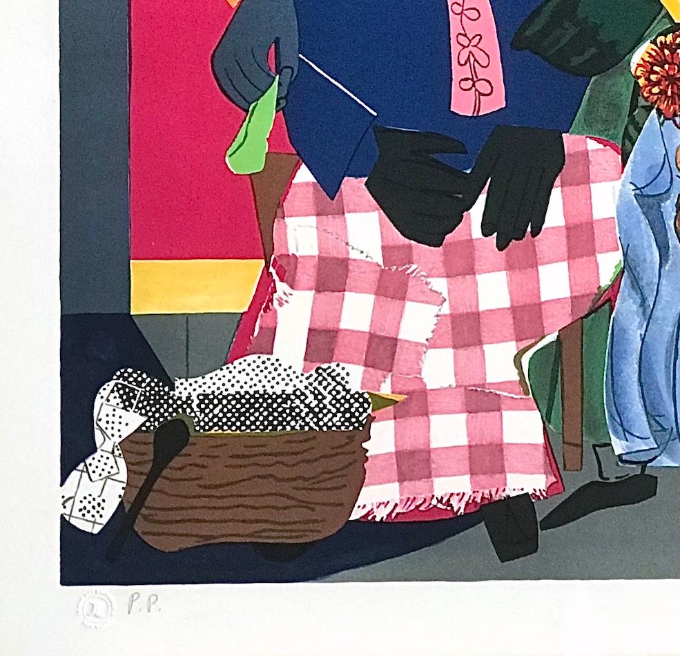 MORNING è una litografia originale in edizione limitata stampata con i metodi tradizionali della litografia a mano su carta da stampa Somerset d'archivio, 100% priva di acidi. MORNING del maestro artista e collagista afroamericano Romare Bearden fa