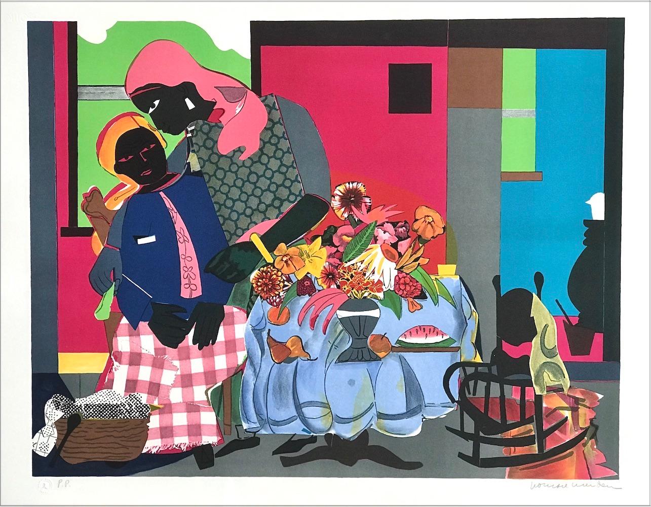 Romare Bearden Portrait Print – MORNING Signierte Lithographie, Interieurszene Schwarze Frauen, afroamerikanische Kultur