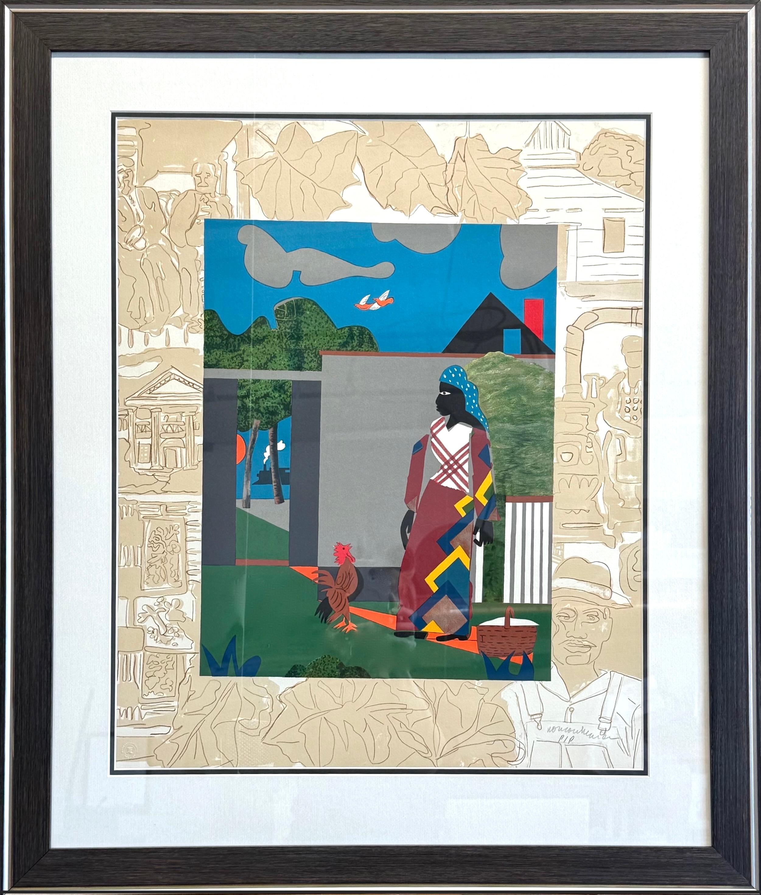 Romare Bearden Landscape Print - PEPPER JELLY LADY Hand Signed Lithograph, Black Woman, Rooster, Family Memories